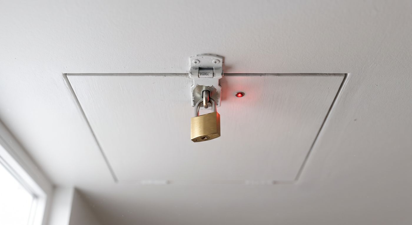 Padlocked attic hatch with a red light